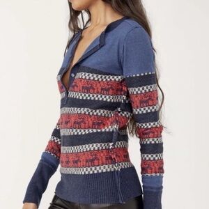 Free People Blue and Red Patterned V-Neck Top